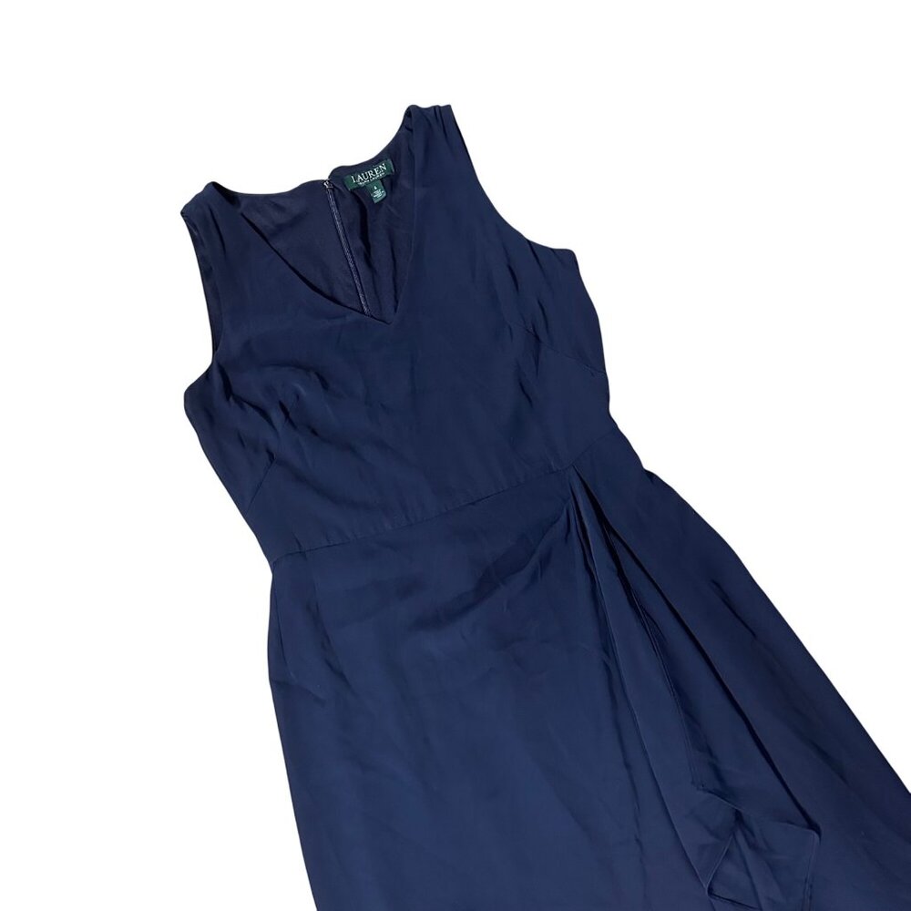 Navy Blue Sleeveless Dress Size 6 Lauren Ralph Lauren Womens Mid Length Ruffle